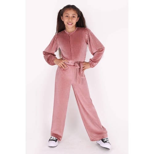 B.Nosy fluwelen rechtvallende jumpsuit met ballonmouwen roze