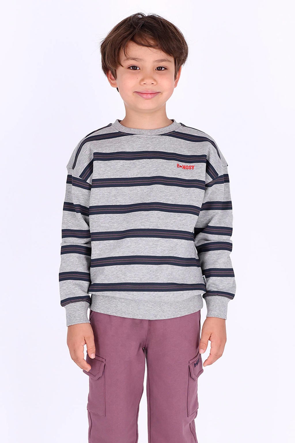 Grijs melange, grijs en donkerblauwe jongens B.Nosy rechtvallende gestreepte sweater van katoen met lange mouwen en ronde hals