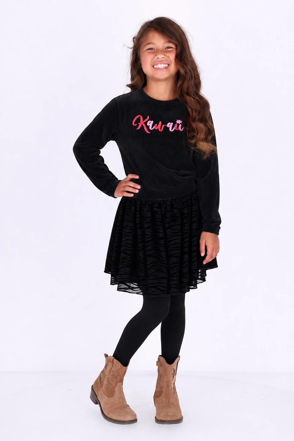 Zwarte jongens B.Nosy rechtvallende sweater van polyester met tekst print, lange mouwen, ronde hals en elastische boord
