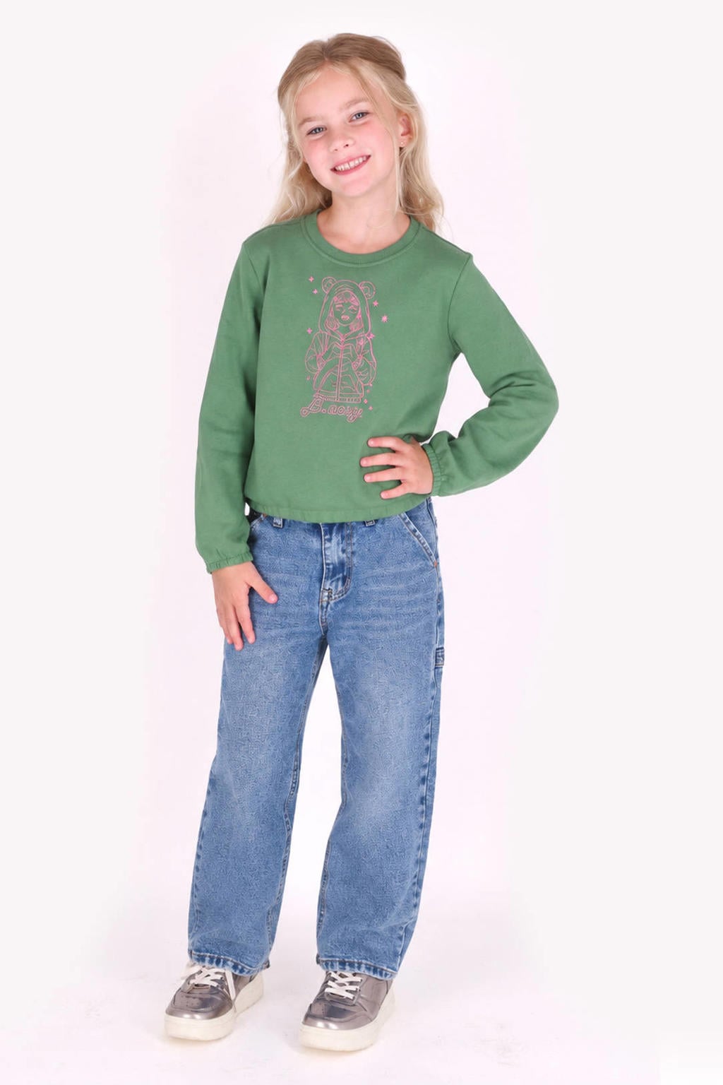 Groene meisjes B.Nosy rechtvallende sweater met printopdruk, lange mouwen, ronde hals en geribde boorden
