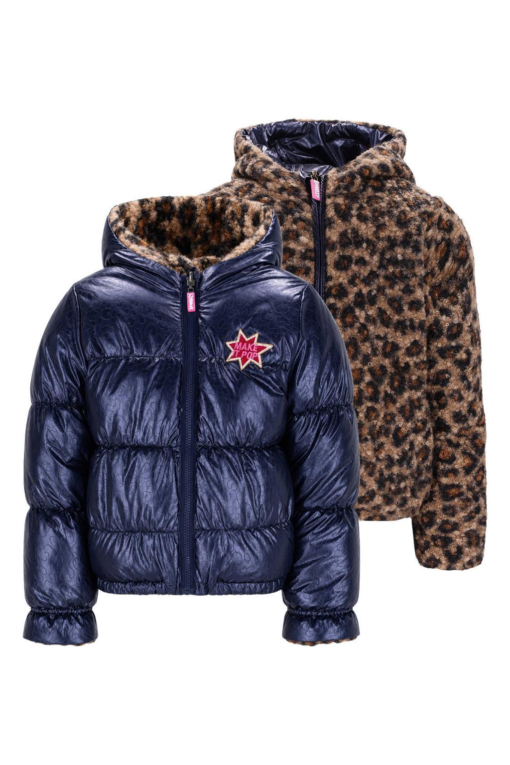 Donkerblauw en bruine meisjes B.Nosy reversible winterjas van polyester met effen, lange mouwen, capuchon en ritssluiting