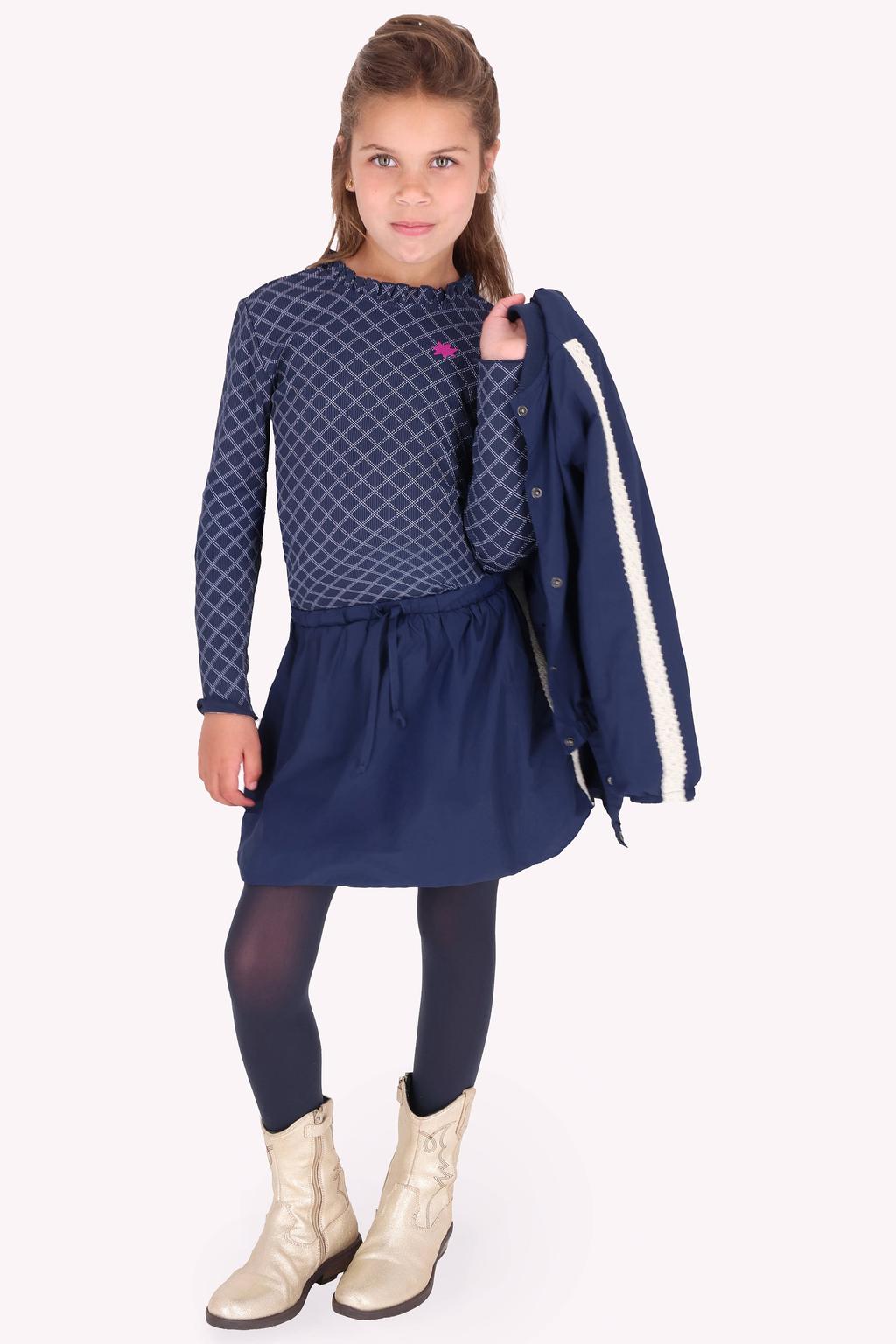 Donkerblauwe meisjes B.Nosy rechtvallende longsleeve en print met lange mouwen, ronde hals en ruches