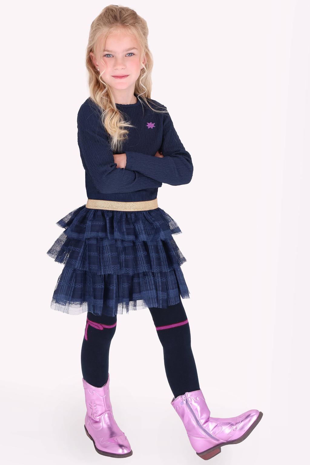 Donkerblauwe meisjes B.Nosy midi jurk van polyester met effen, lange mouwen, ronde hals, elastische tailleband en glitters