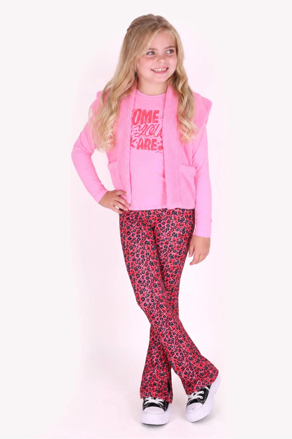 Roze en donkergrijze meisjes B.Nosy flared gebloemde broek van polyester met regular waist en elastische tailleband