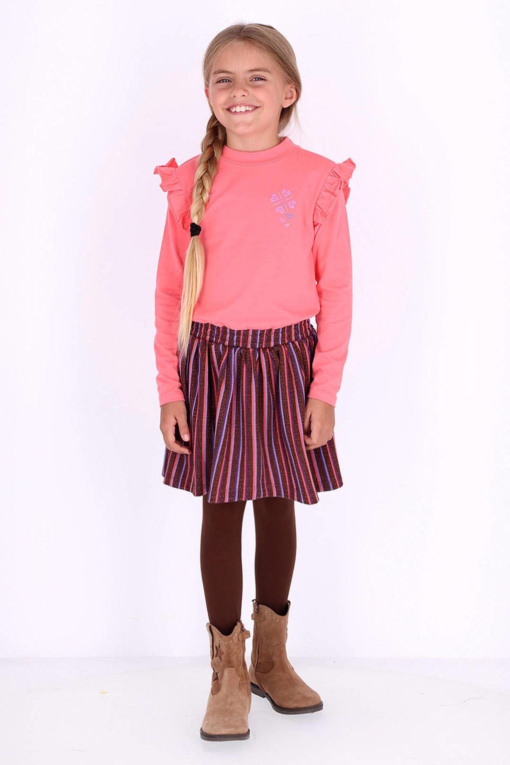 B.Nosy gestreepte midi jurk met ruches - roze