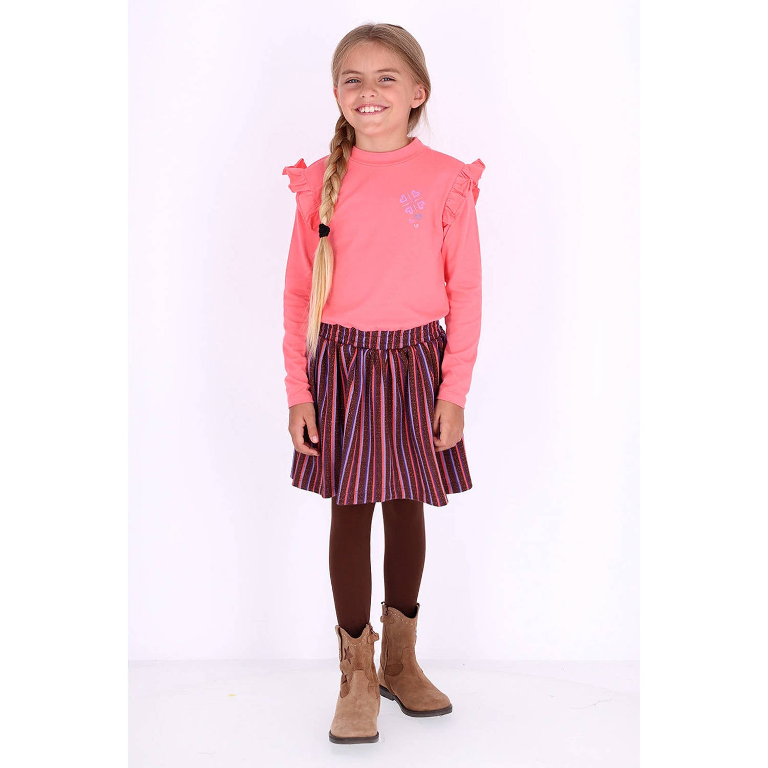 B.Nosy gestreepte midi jurk met ruches roze