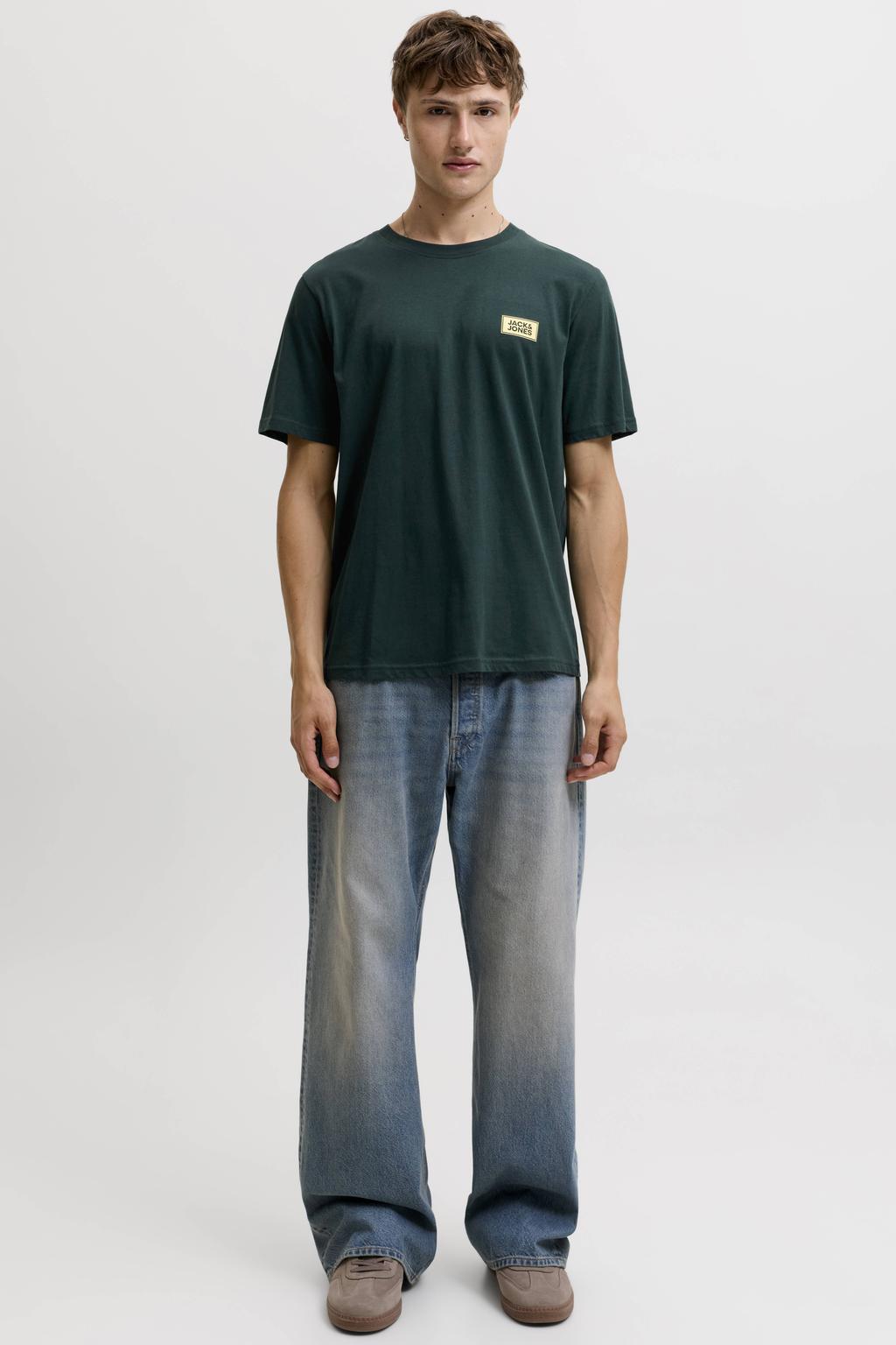Donkergroene heren JACK & JONES regular fit T-shirt van katoen met logo dessin, korte mouwen en ronde hals