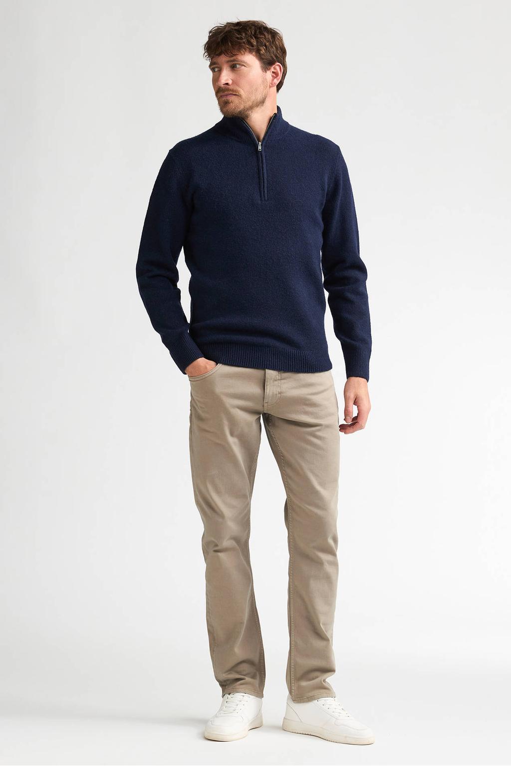 Marineblauw heren Petrol Industries regular fit gebreide trui blauw van polyester met effen, lange mouwen en opstaande kraag