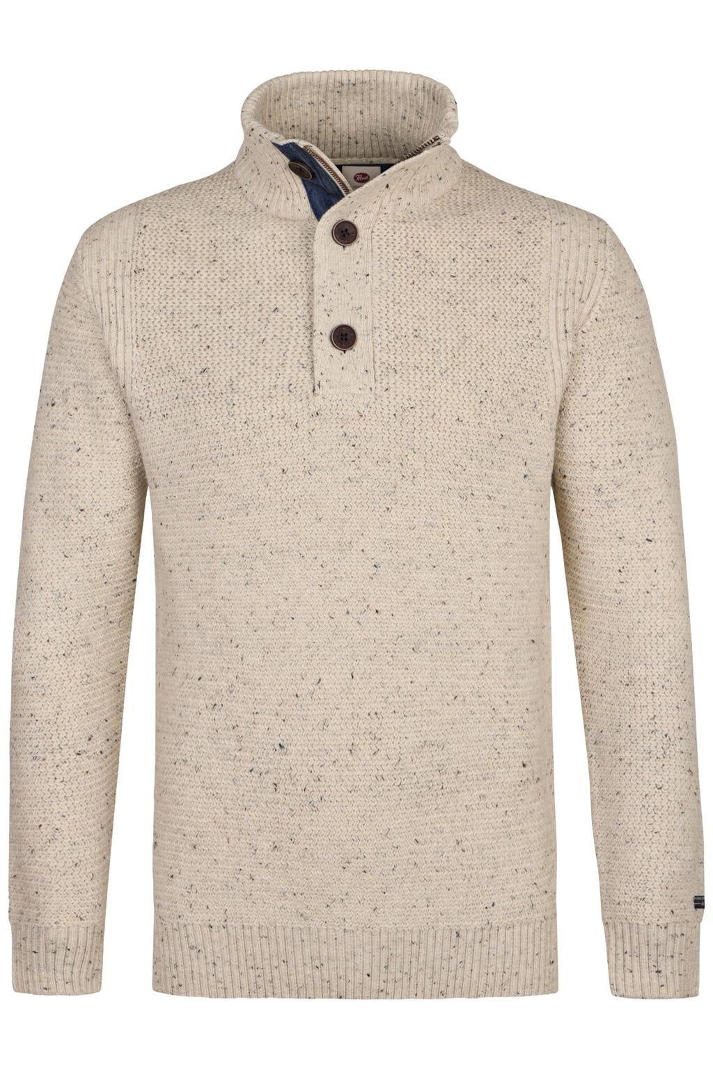 Beige heren Petrol Industries regular fit gemêleerde gebreide trui van acryl met melée print, lange mouwen en opstaande kraag