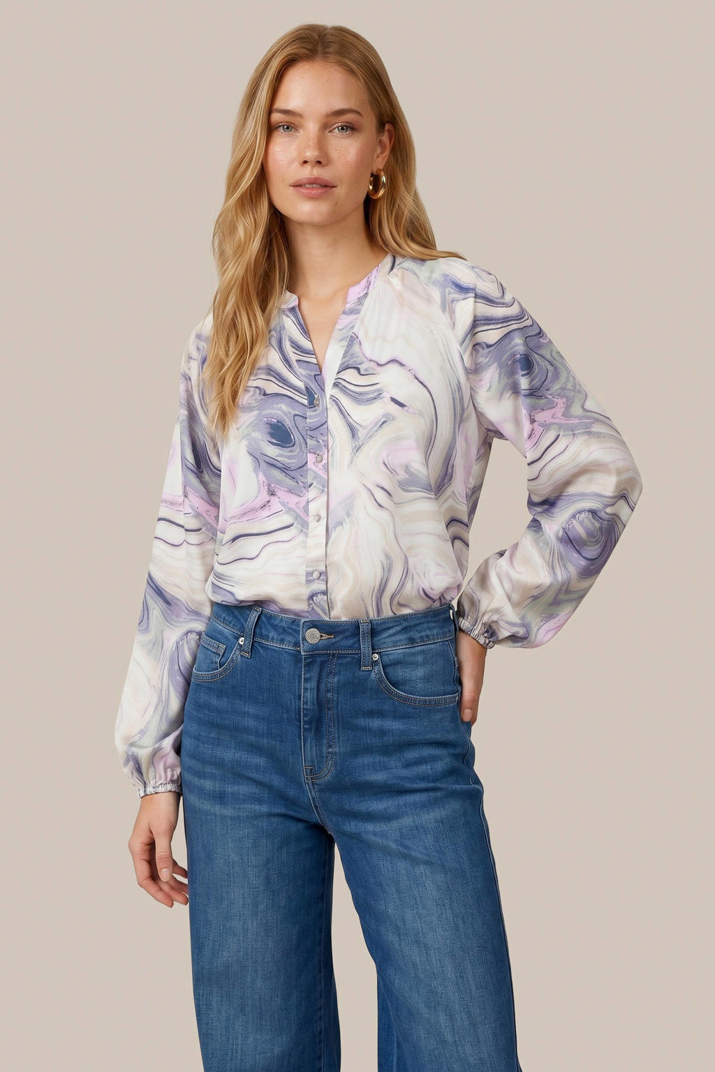 Paarse dames CS the Label blouse met lange mouwen, V-hals en knoopsluiting