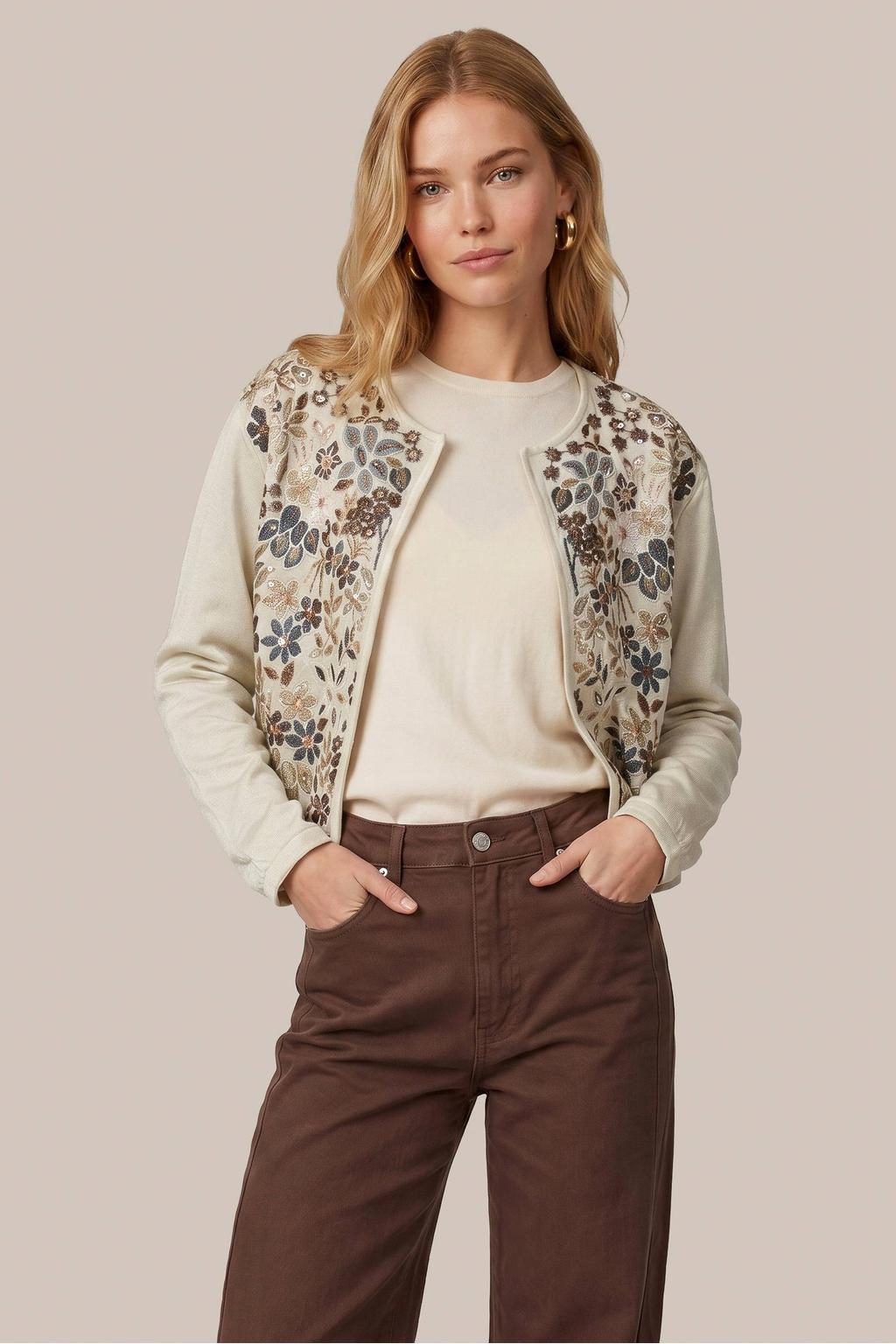 Ecru dames CS the Label katoenen jas en print met lange mouwen en borduursels