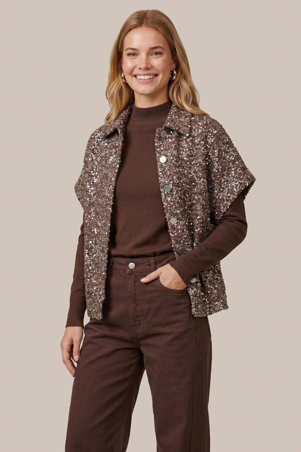 Multikleurige dames CS the Label gebreid vest meerkleurig met effen, korte mouwen, klassieke kraag en knoopsluiting