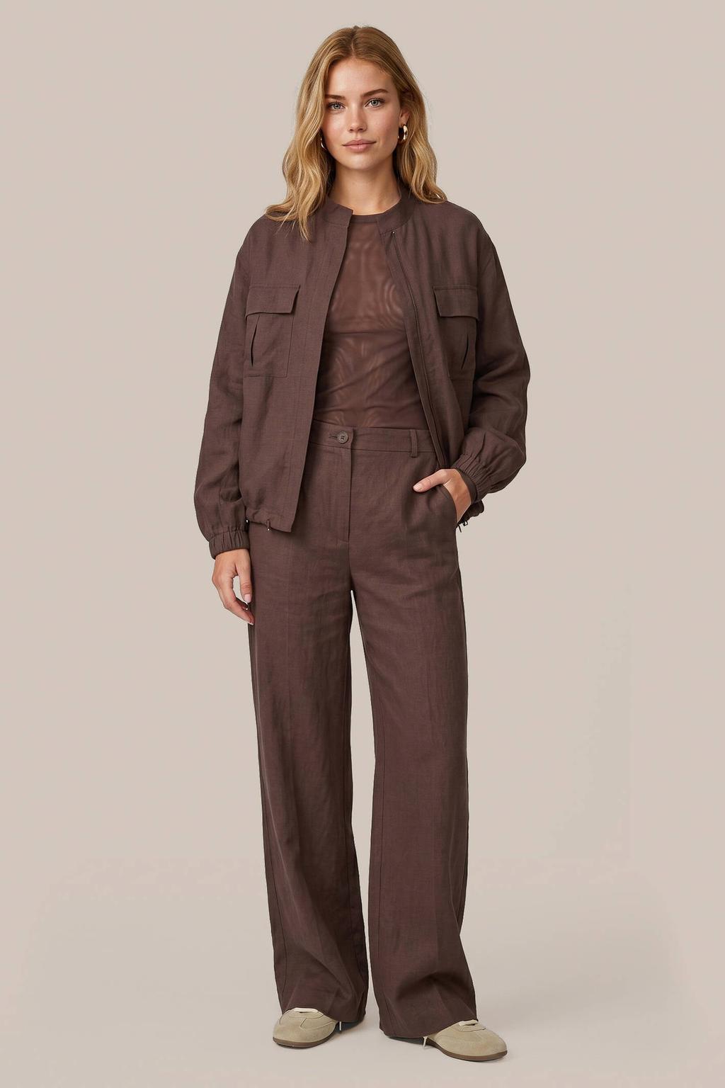 Bruine dames CS the Label wide leg broek met high waist, rits- en knoopsluiting en effen