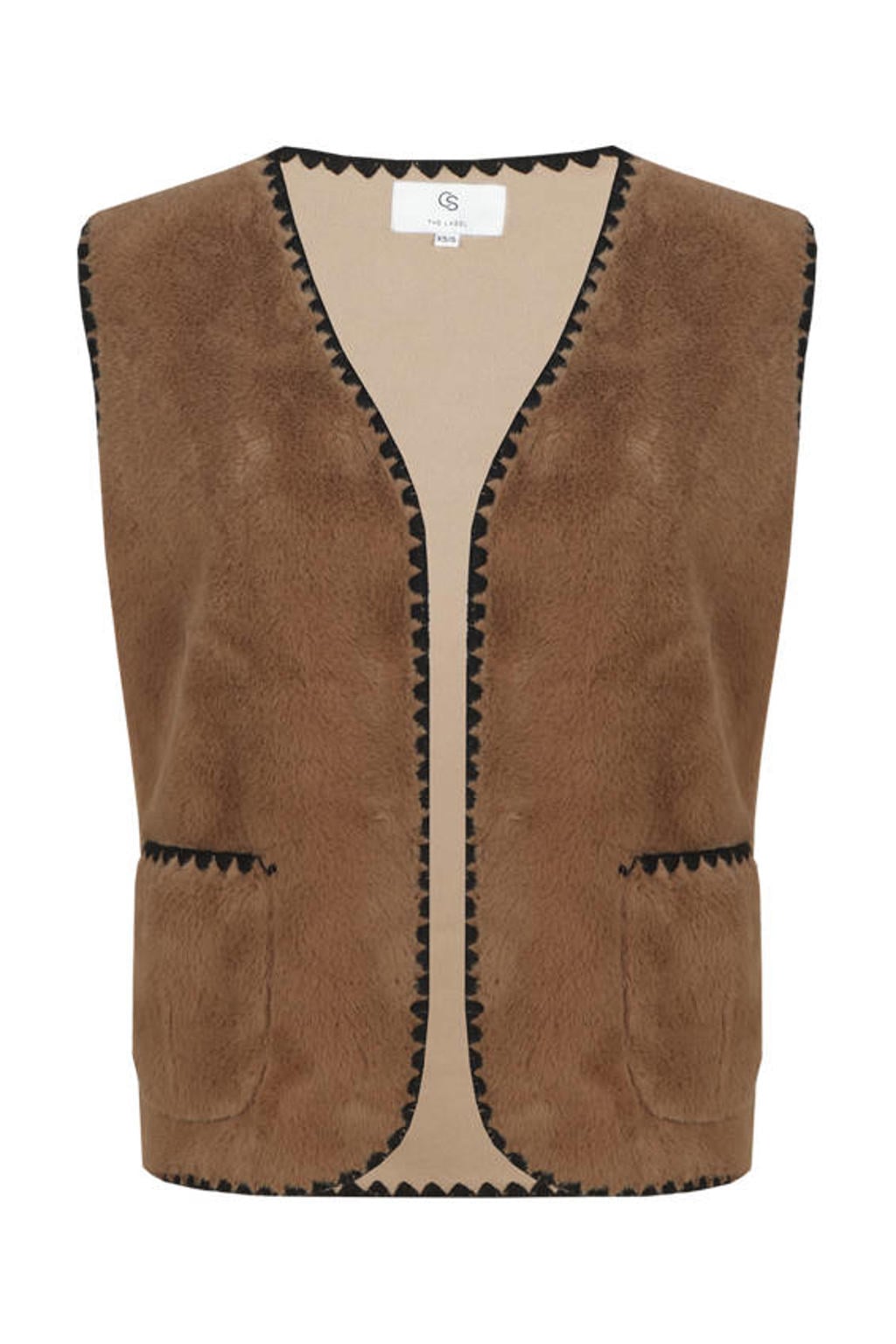 Bruine dames CS the Label gilet met effen en reverskraag