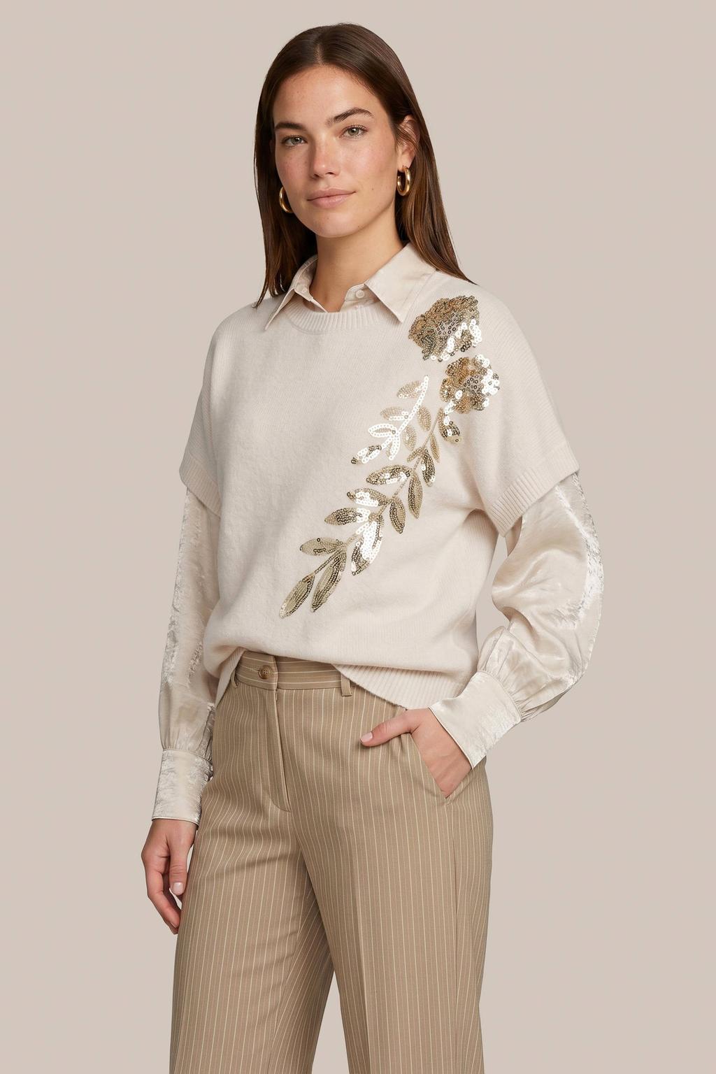 Ecru dames CS the Label trui van polyamide met effen, korte mouwen en ronde hals