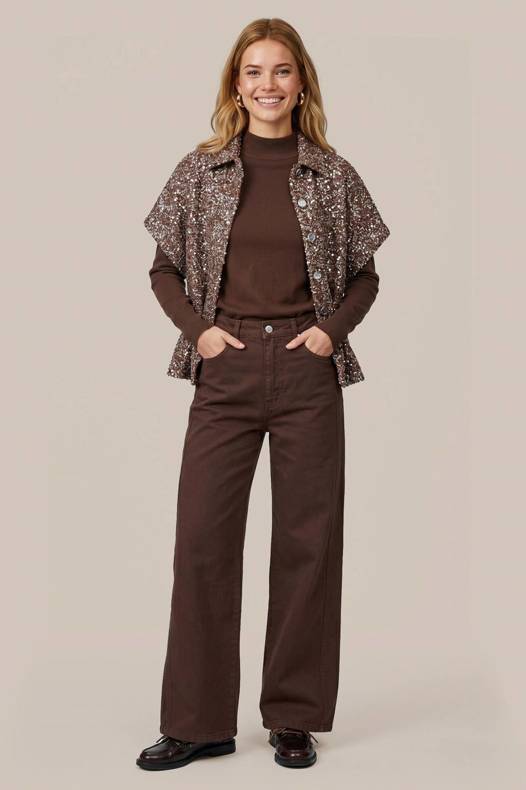 Bruine dames CS the Label wide leg broek van denim met rits- en knoopsluiting en effen