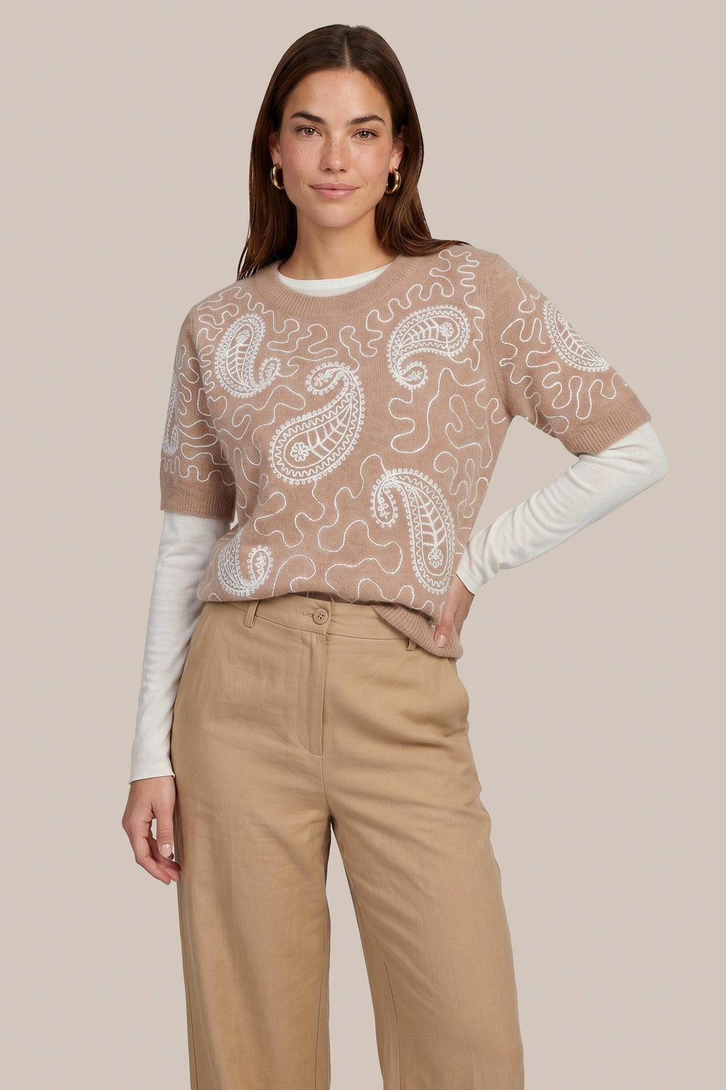 Bruine dames CS the Label trui en wol met korte mouwen, ronde hals en borduursels