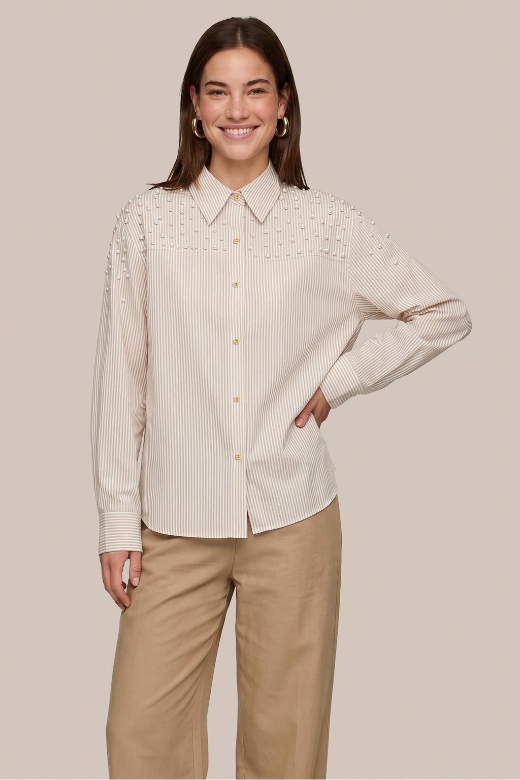 Beige dames CS the Label gestreepte blouse met lange mouwen, klassieke kraag, knoopsluiting en parels