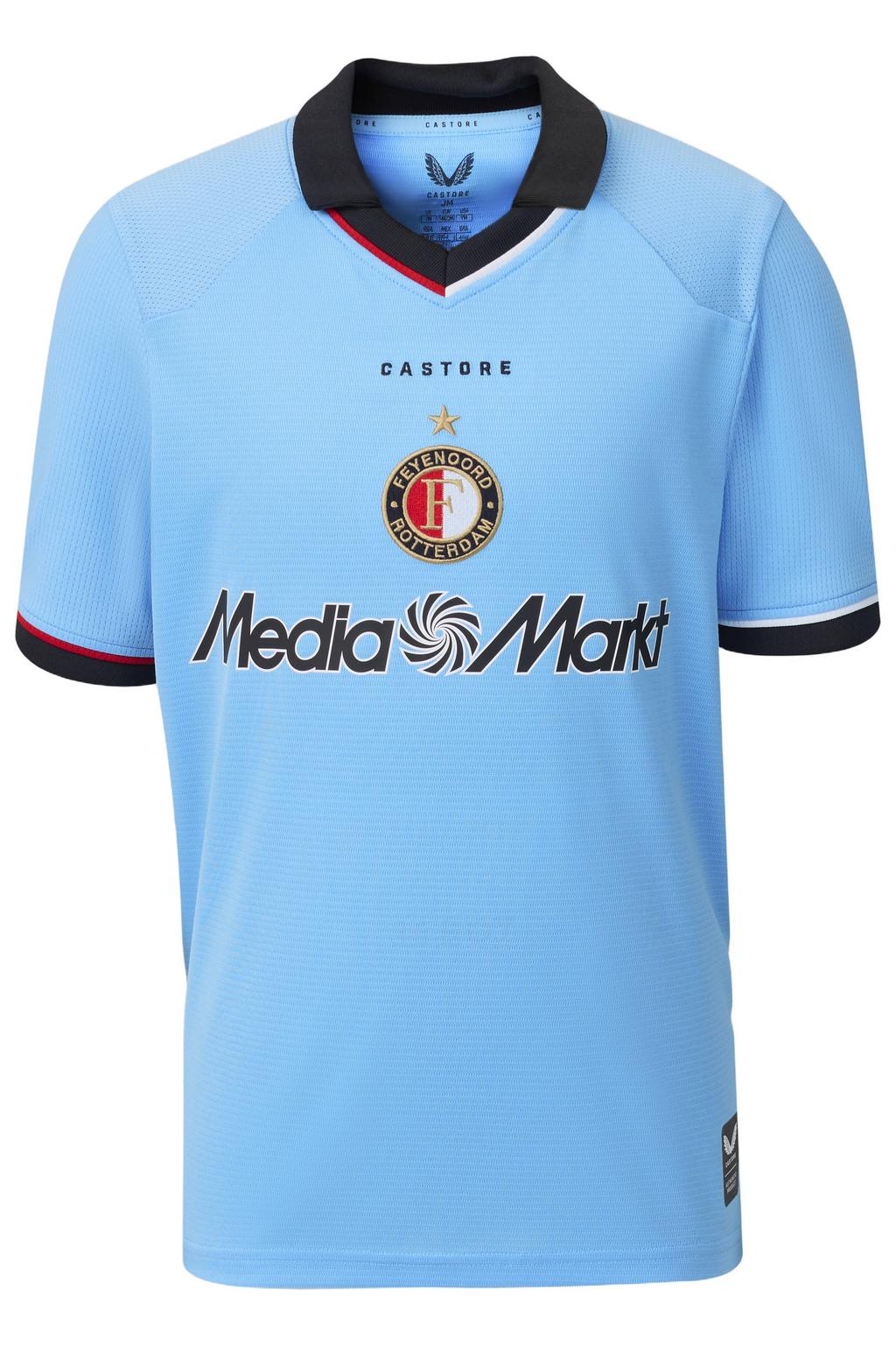 Blauwe jongens en meisjes Castore junior Feyenoord voetbalshirt uit van polyester met korte mouwen en ronde hals