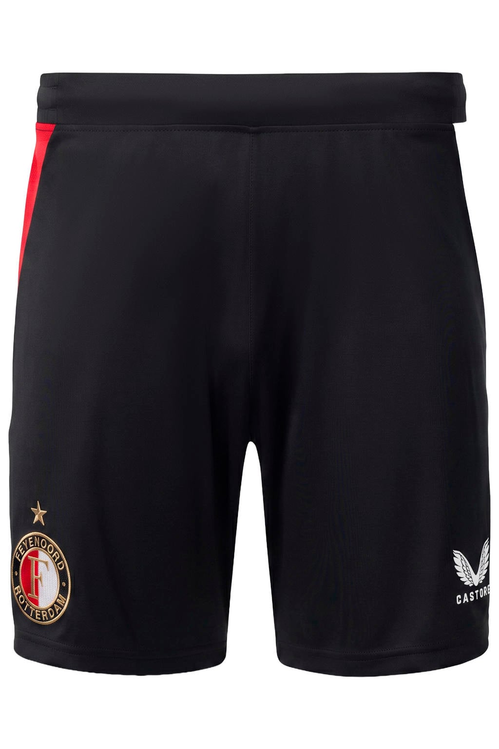 Zwarte heren Castore senior Feyenoord voetbalshort thuis van polyester met elastische tailleband met koord