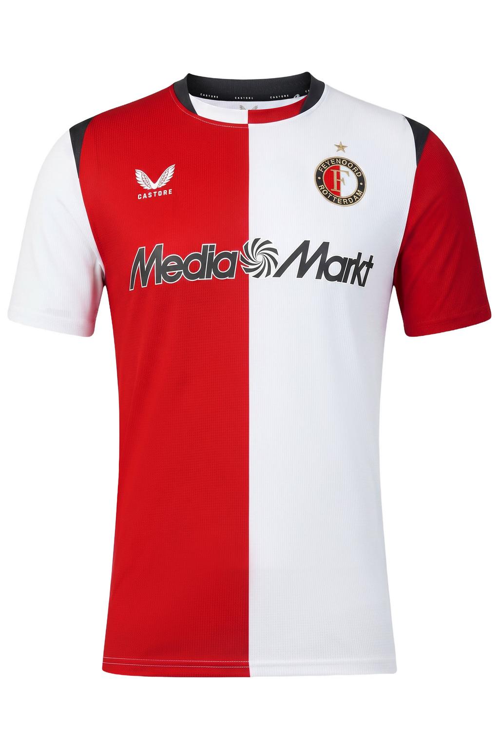 Rood en witte heren Castore senior feyenoord voetbalshirt thuis van polyester met korte mouwen en ronde hals