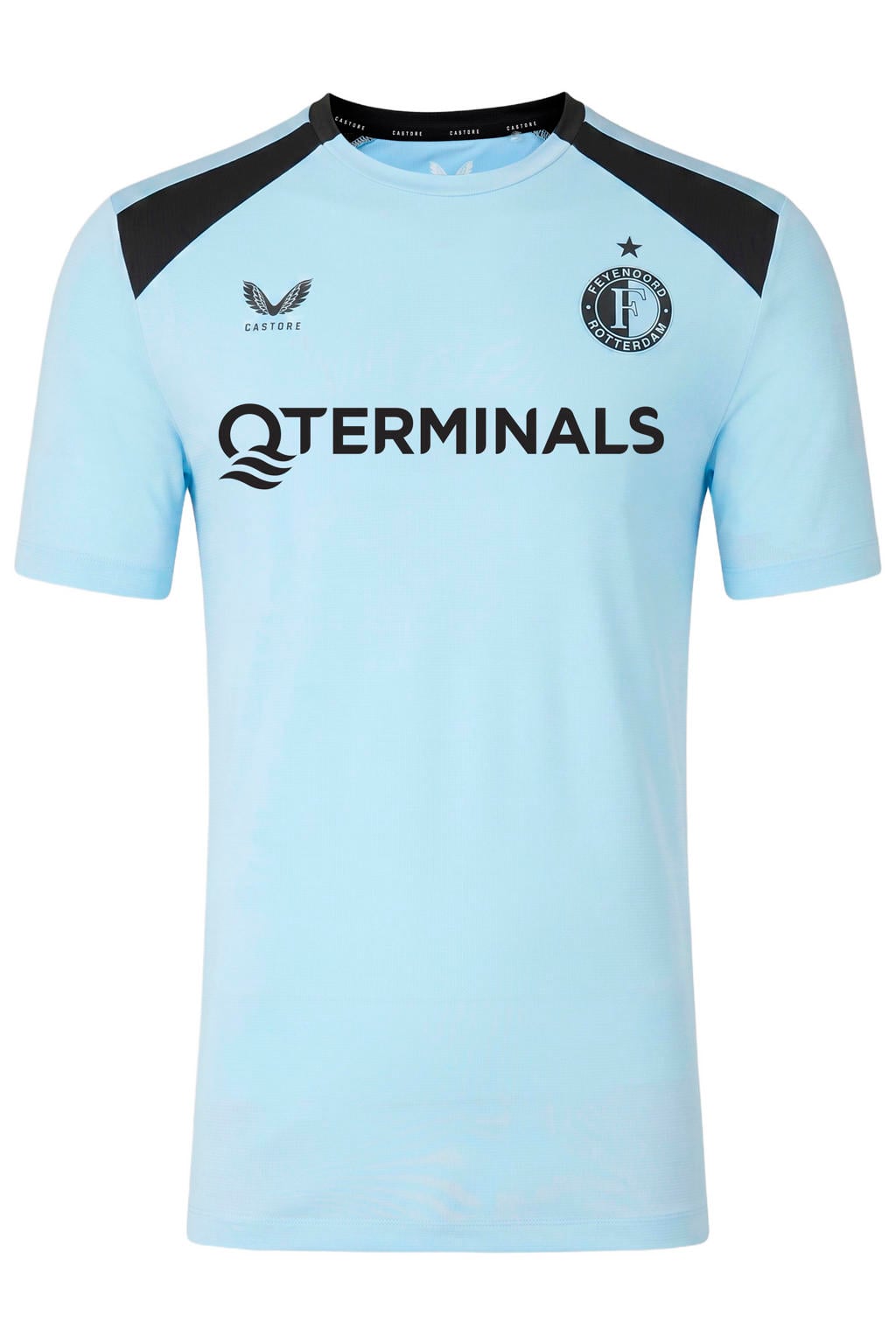 Lichtblauwe jongens en meisjes Castore junior Feyenoord voetbalshirt training van polyester met korte mouwen en ronde hals