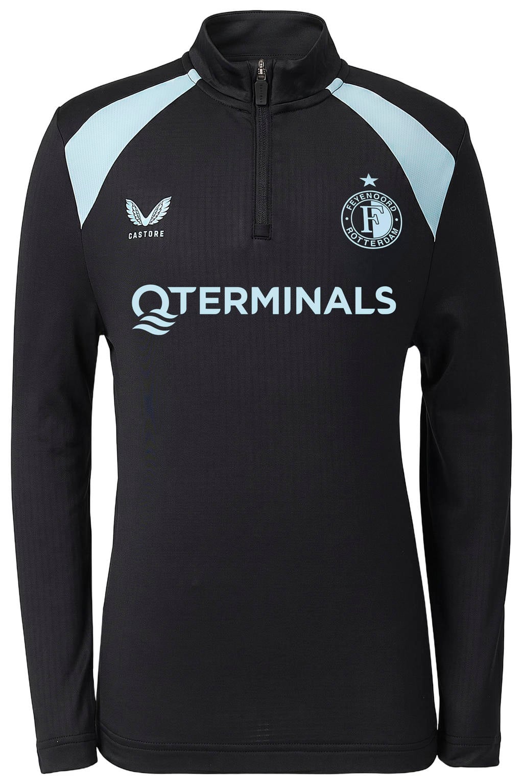 Zwart en lichtblauwe heren Castore senior feyenoord voetbalsweater training van polyester met lange mouwen, opstaande kraag en halve rits