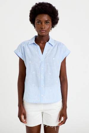 gestreepte blouse met borduursels - lichtblauw
