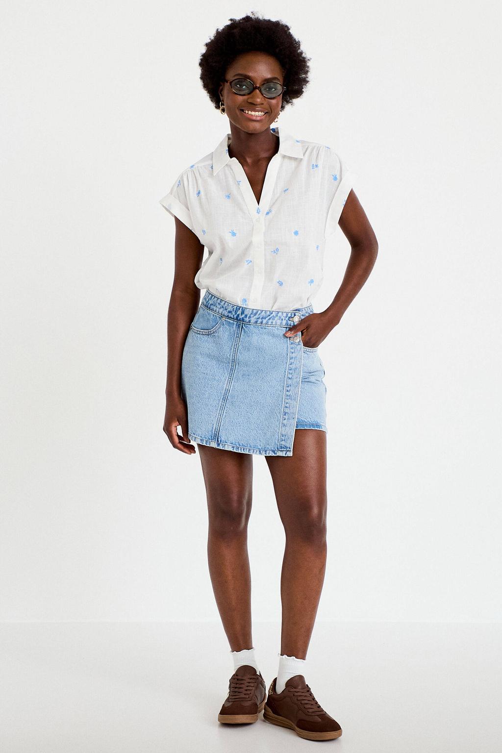 Wit en blauwe dames Cache Cache gestreepte blouse van katoen met klassieke kraag, knoopsluiting en borduursels