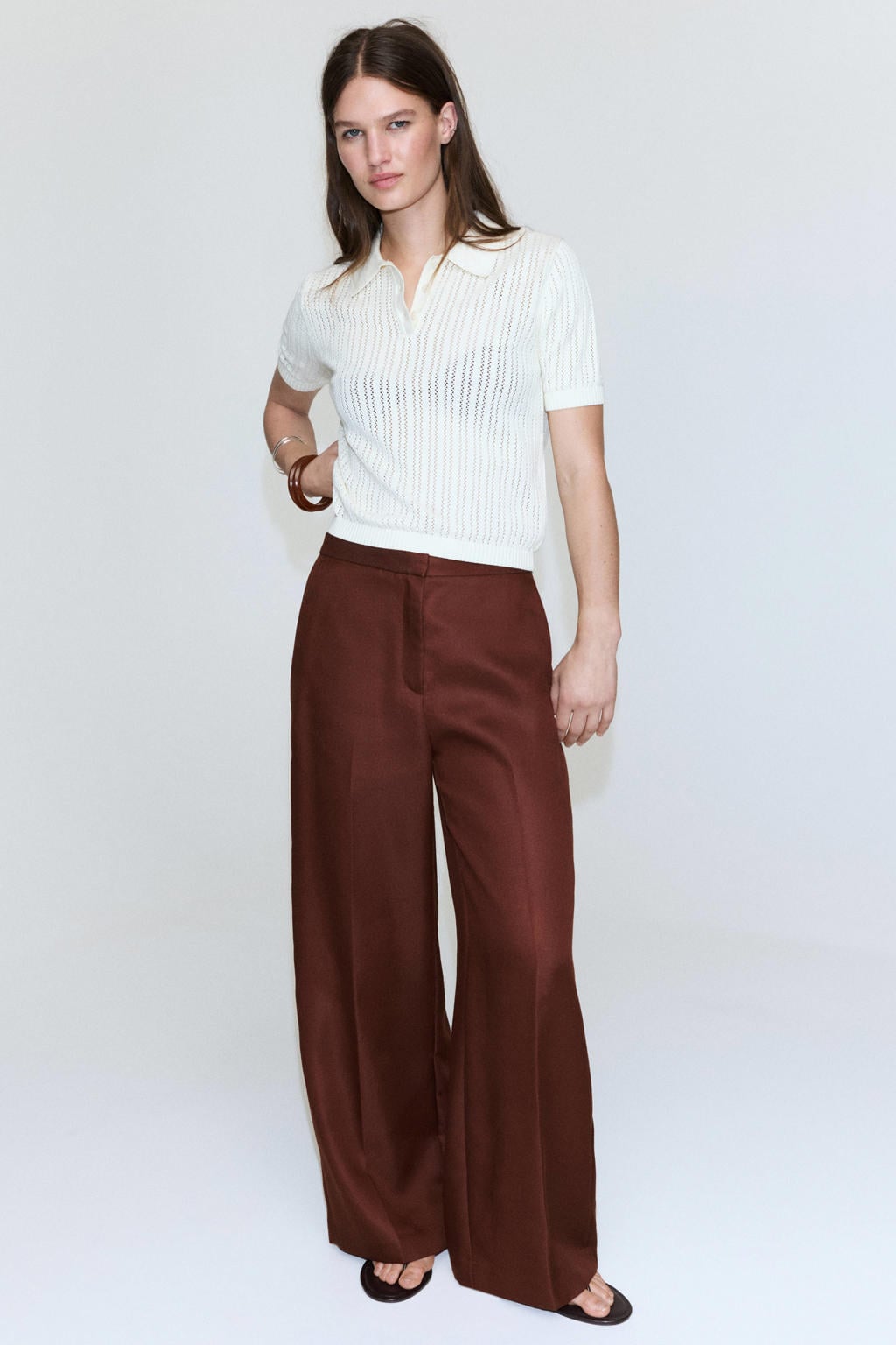Mango wide leg broek - roodbruin