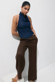 thumbnail: Mango wide leg broek met linnen - donkerbruin