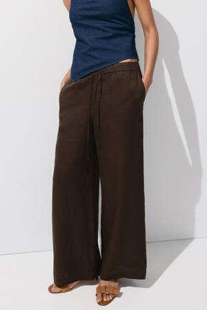 wide leg broek met linnen - donkerbruin
