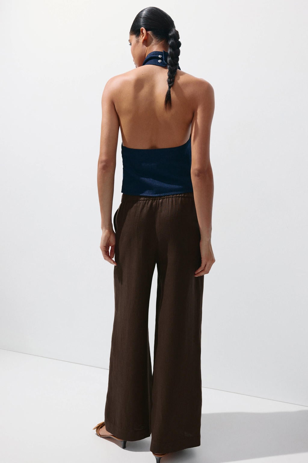 Mango wide leg broek met linnen - donkerbruin