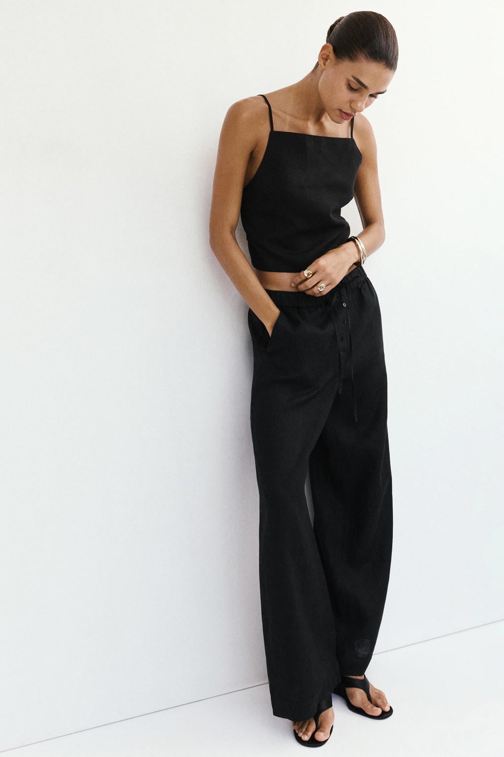 Mango wide leg broek met linnen - zwart