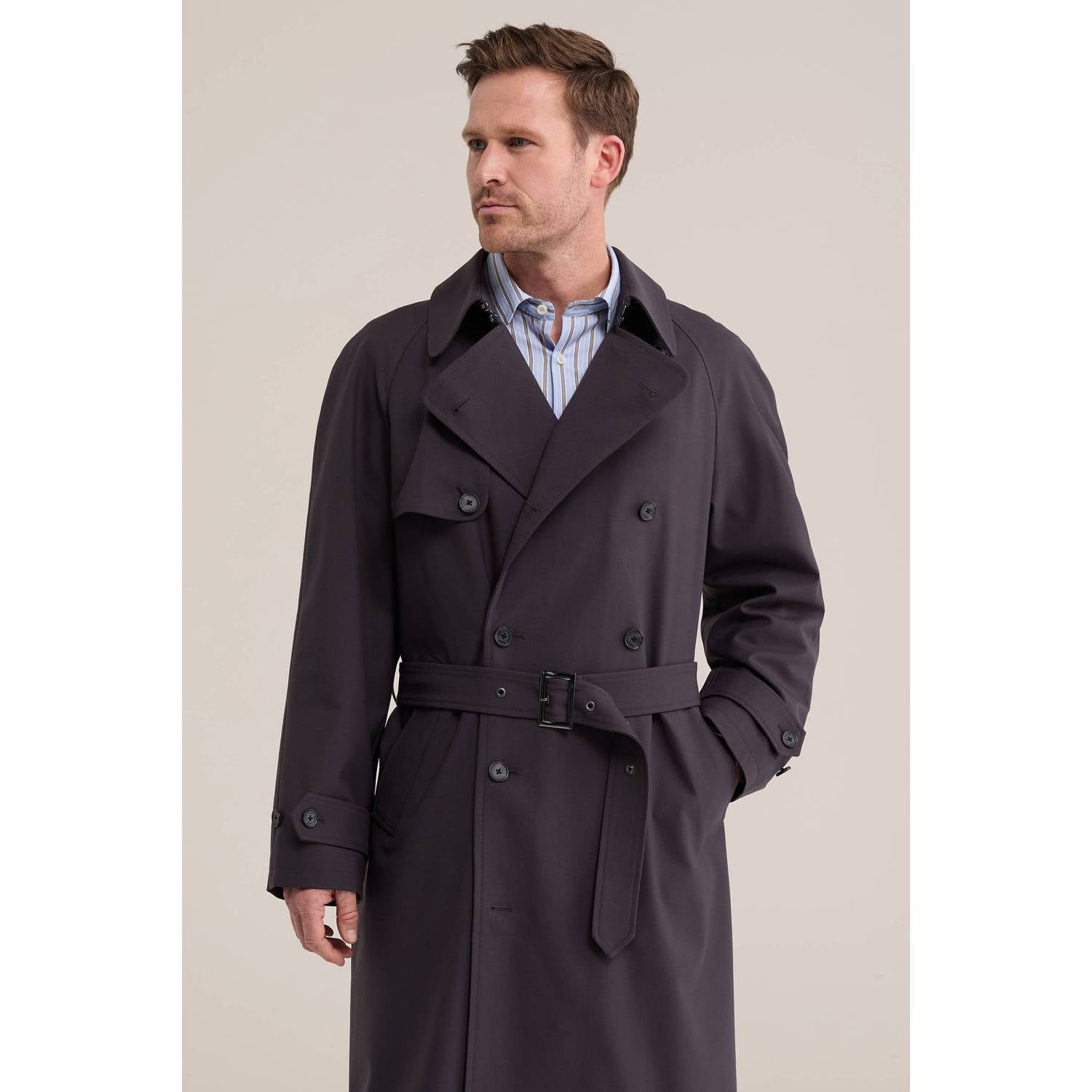 WE Fashion wollen trenchcoat met ceintuur donkerpaars