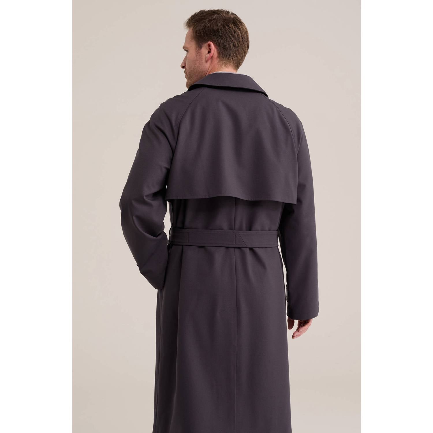 WE Fashion wollen trenchcoat met ceintuur donkerpaars