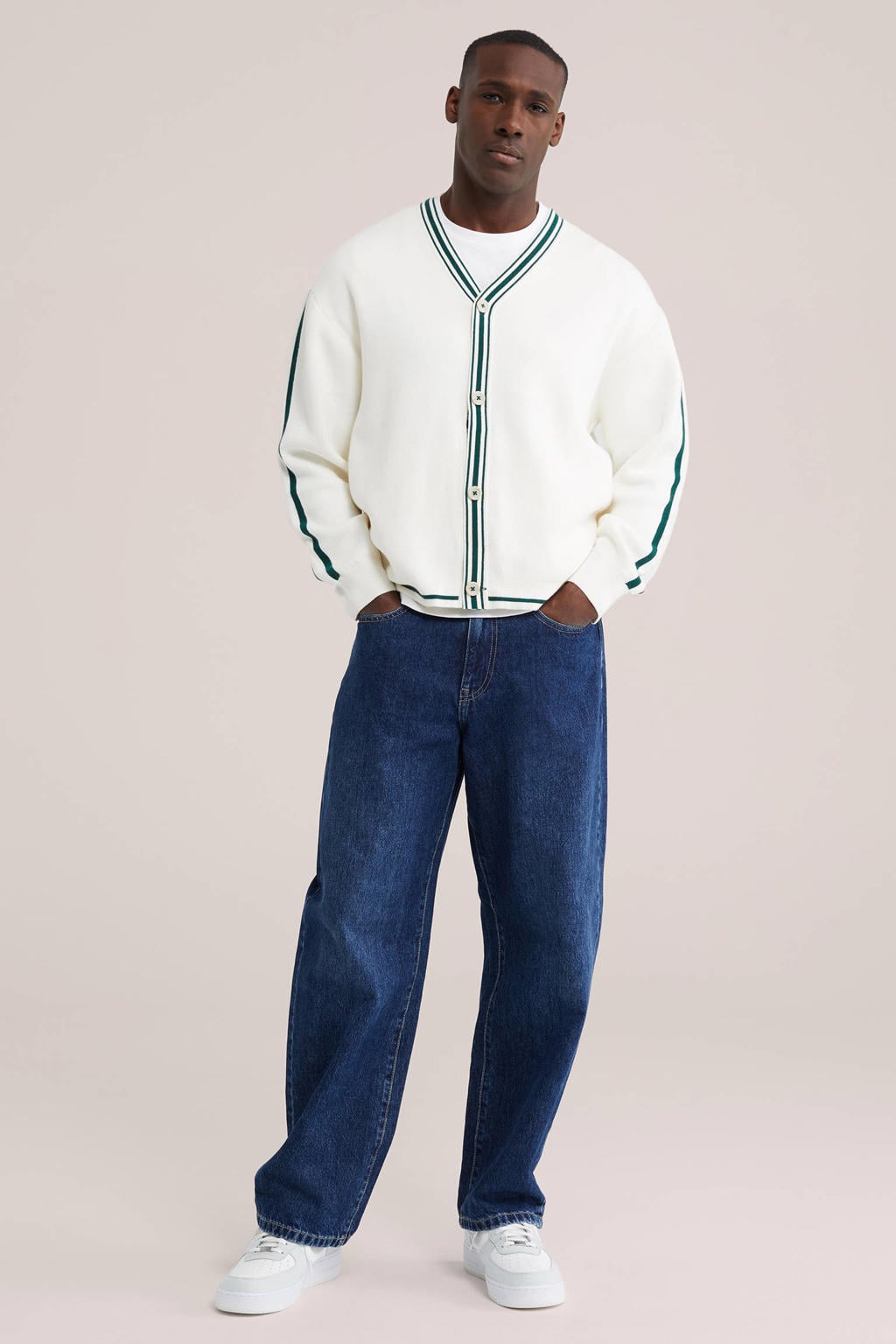 Ecru heren WE Fashion gebreid vest van katoen met effen, lange mouwen, V-hals en knoopsluiting