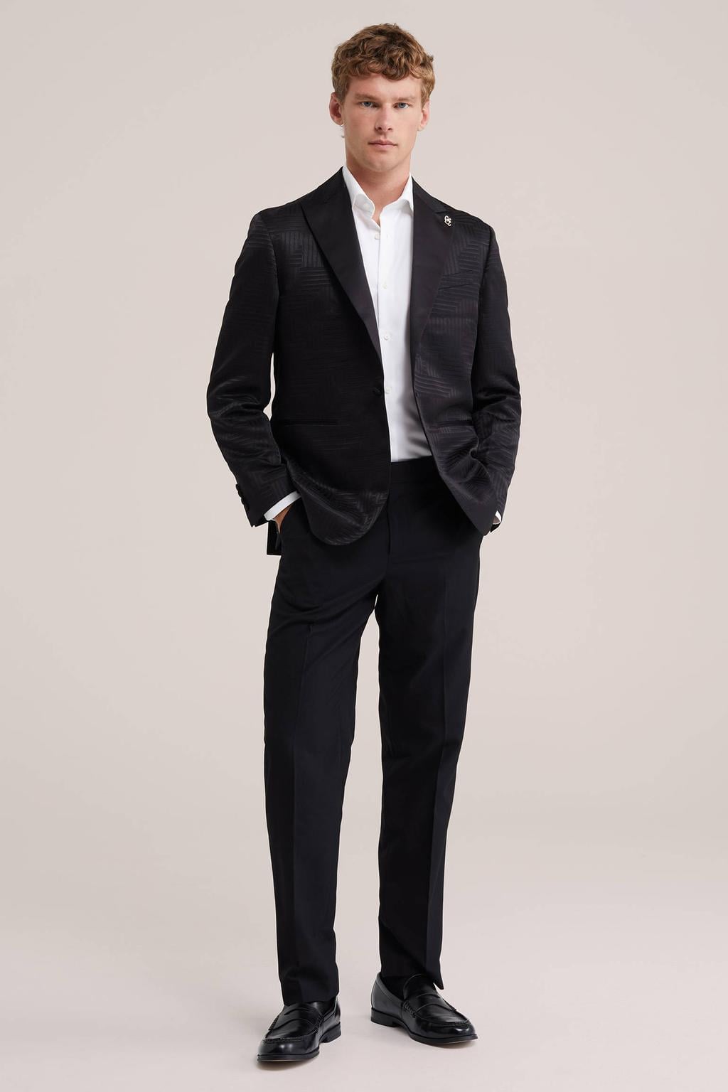 Zwarte heren WE Fashion regular fit colbert van polyester met effen, reverskraag en broderie
