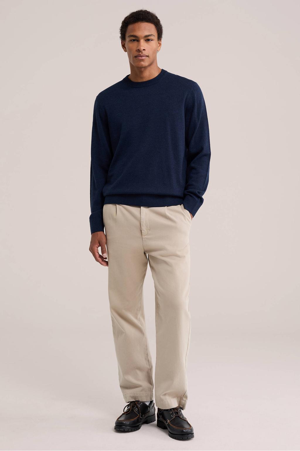 Donkerblauwe heren WE Fashion wollen regular fit gebreide trui met effen, lange mouwen en ronde hals