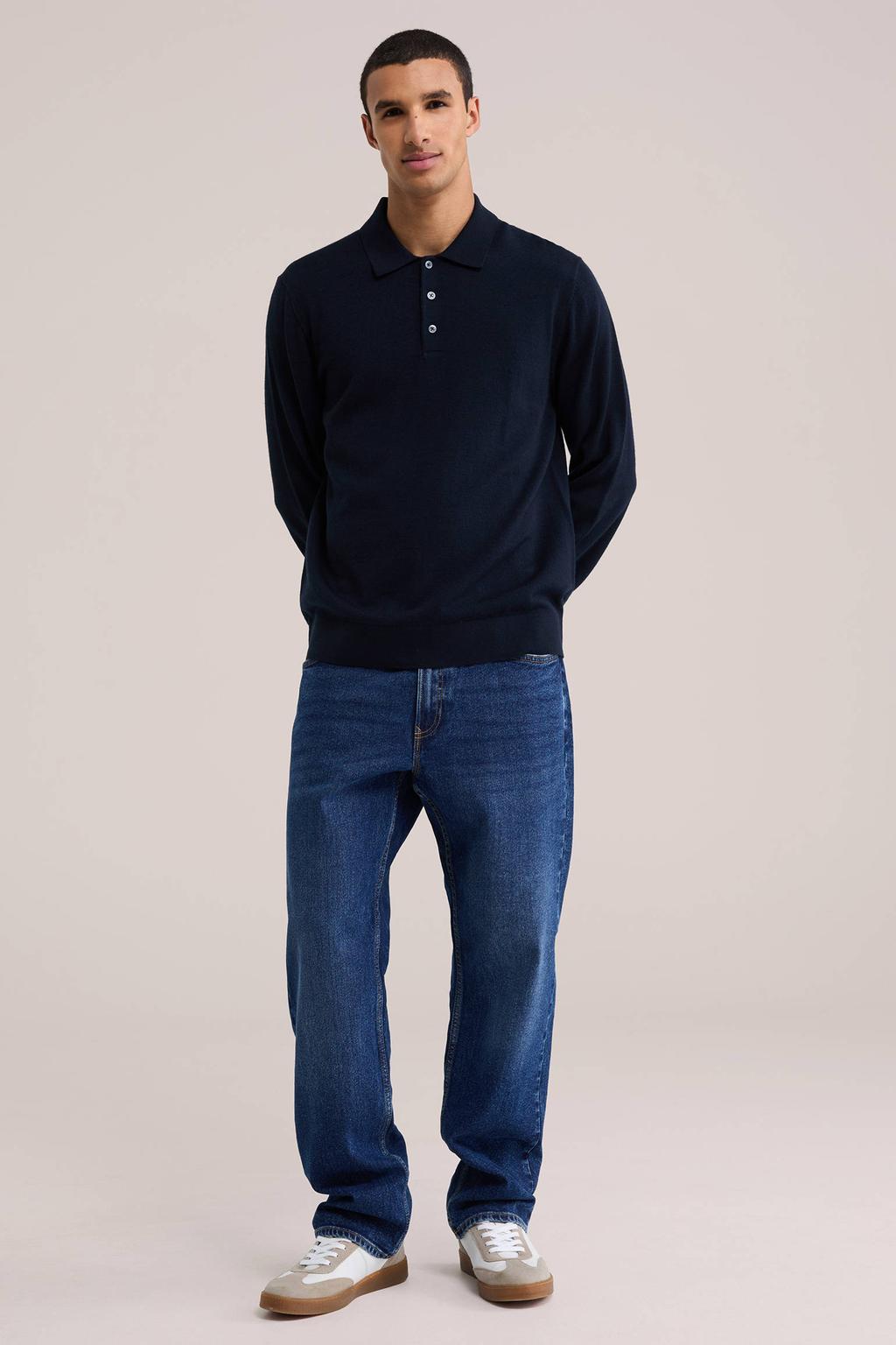 Donkerblauwe heren WE Fashion regular fit wollen gebreide trui met effen, lange mouwen en polo kraag