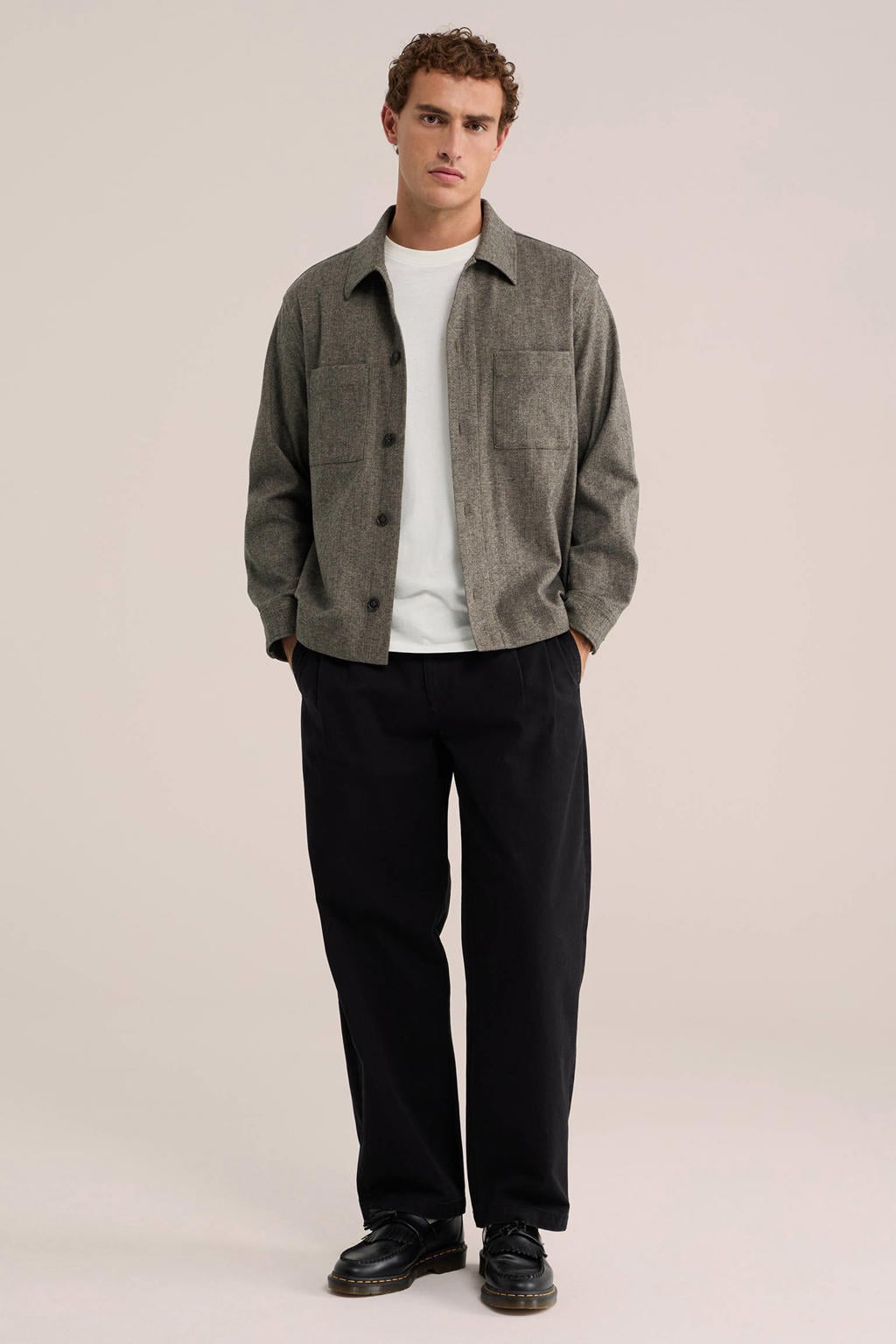 Grijze heren WE Fashion regular fit gemêleerd overshirt van polyester met melée print, lange mouwen en klassieke kraag