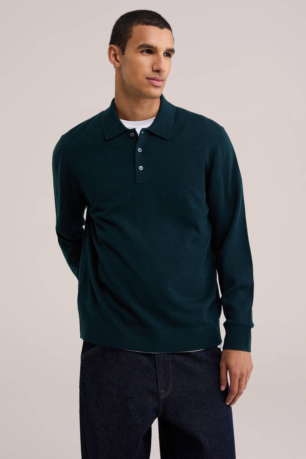Petrolkleurige heren WE Fashion wollen regular fit gebreide trui met effen, lange mouwen en polo kraag