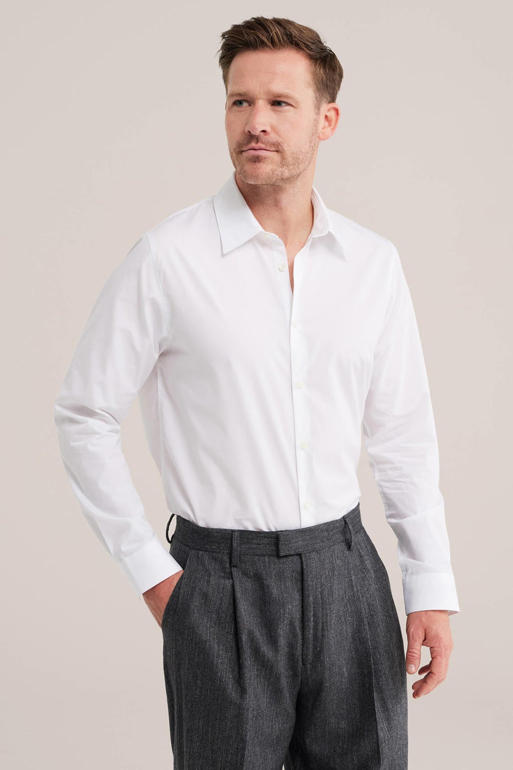 Witte heren WE Fashion regular fit poplin overhemd van katoen met effen, lange mouwen en klassieke kraag