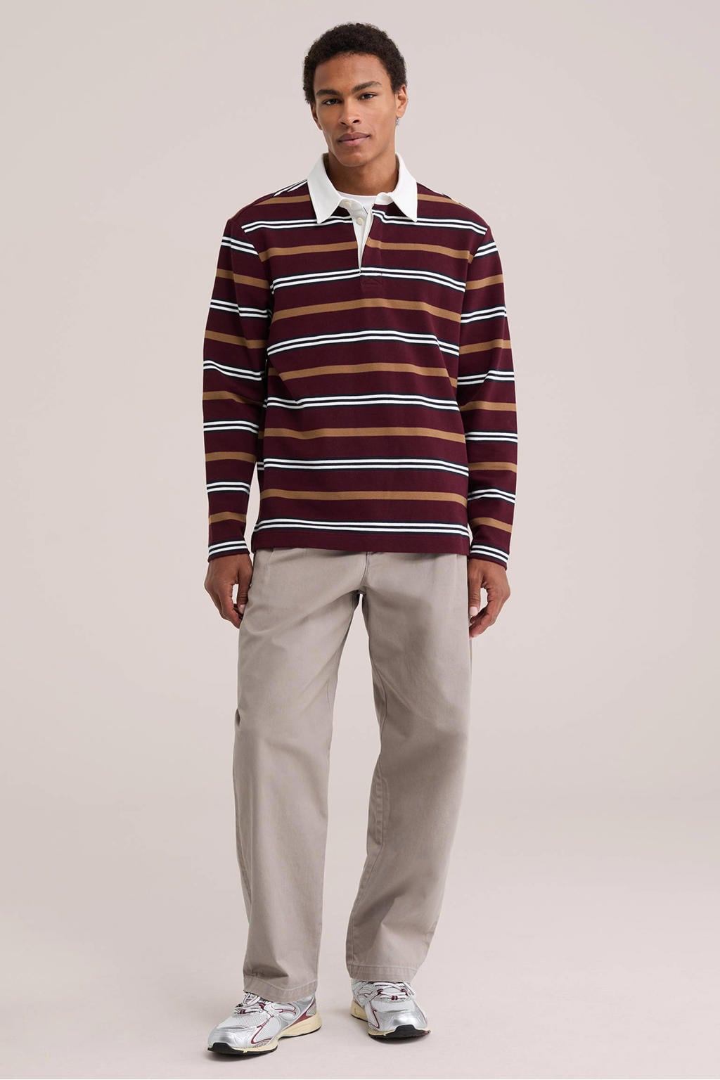 Donkerrode heren WE Fashion relaxed fit gestreepte polo van katoen met lange mouwen en contrast bies