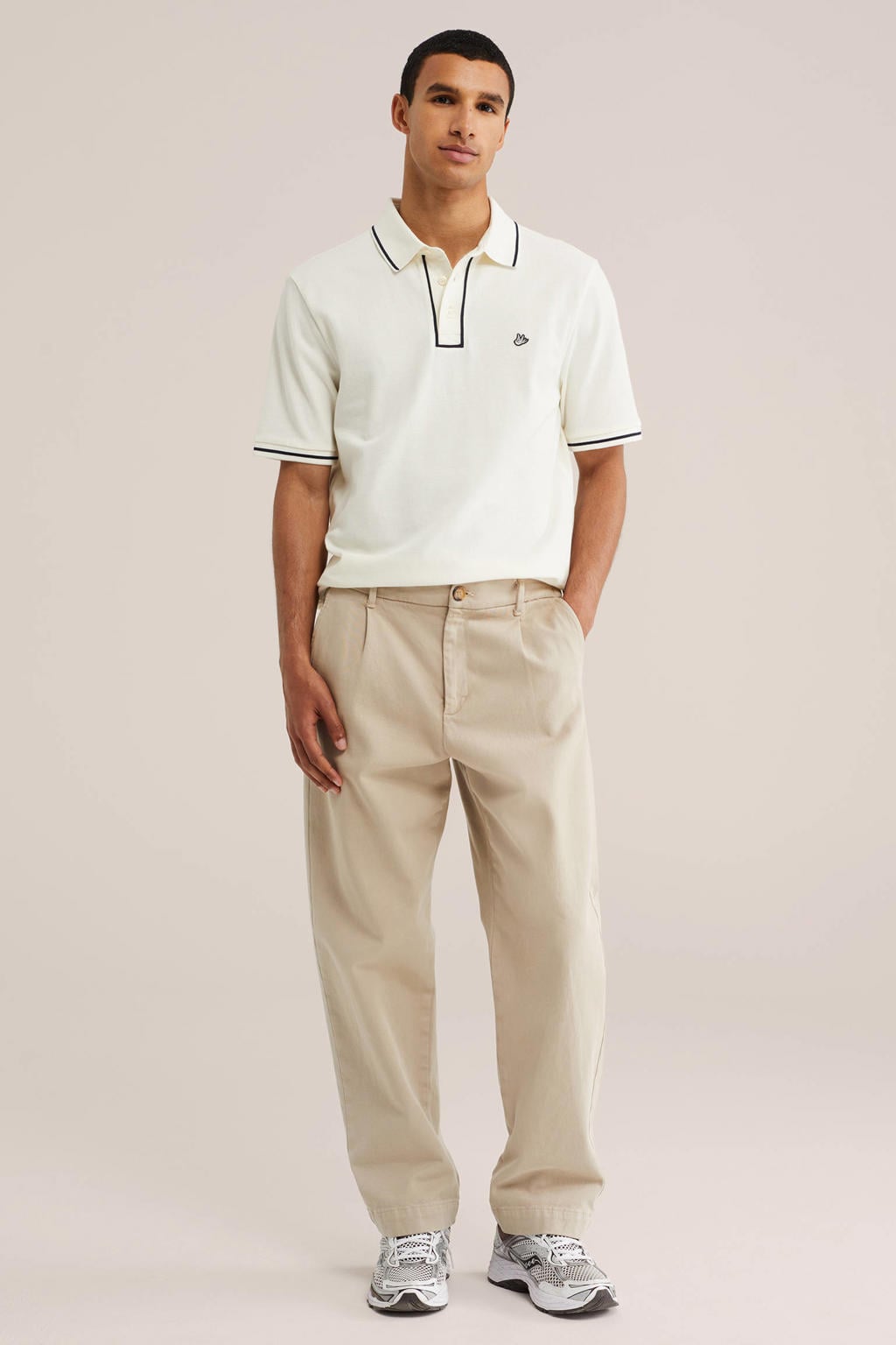 Ecru heren WE Fashion regular fit piqué polo van katoen met effen en korte mouwen