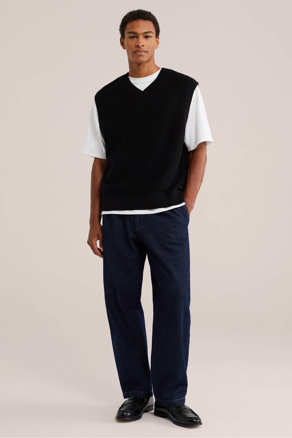 Zwarte heren WE Fashion regular fit spencer van katoen met effen, V-hals en rib gebreide details