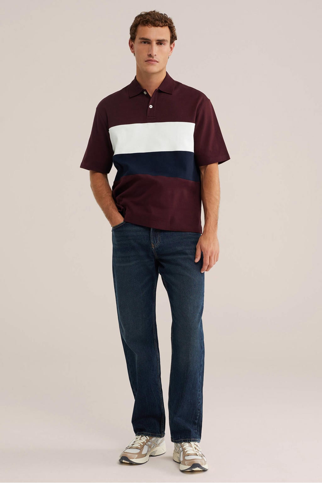 Donkerrode heren WE Fashion boxy gestreepte polo van katoen met korte mouwen, knoopsluiting en geribde boorden
