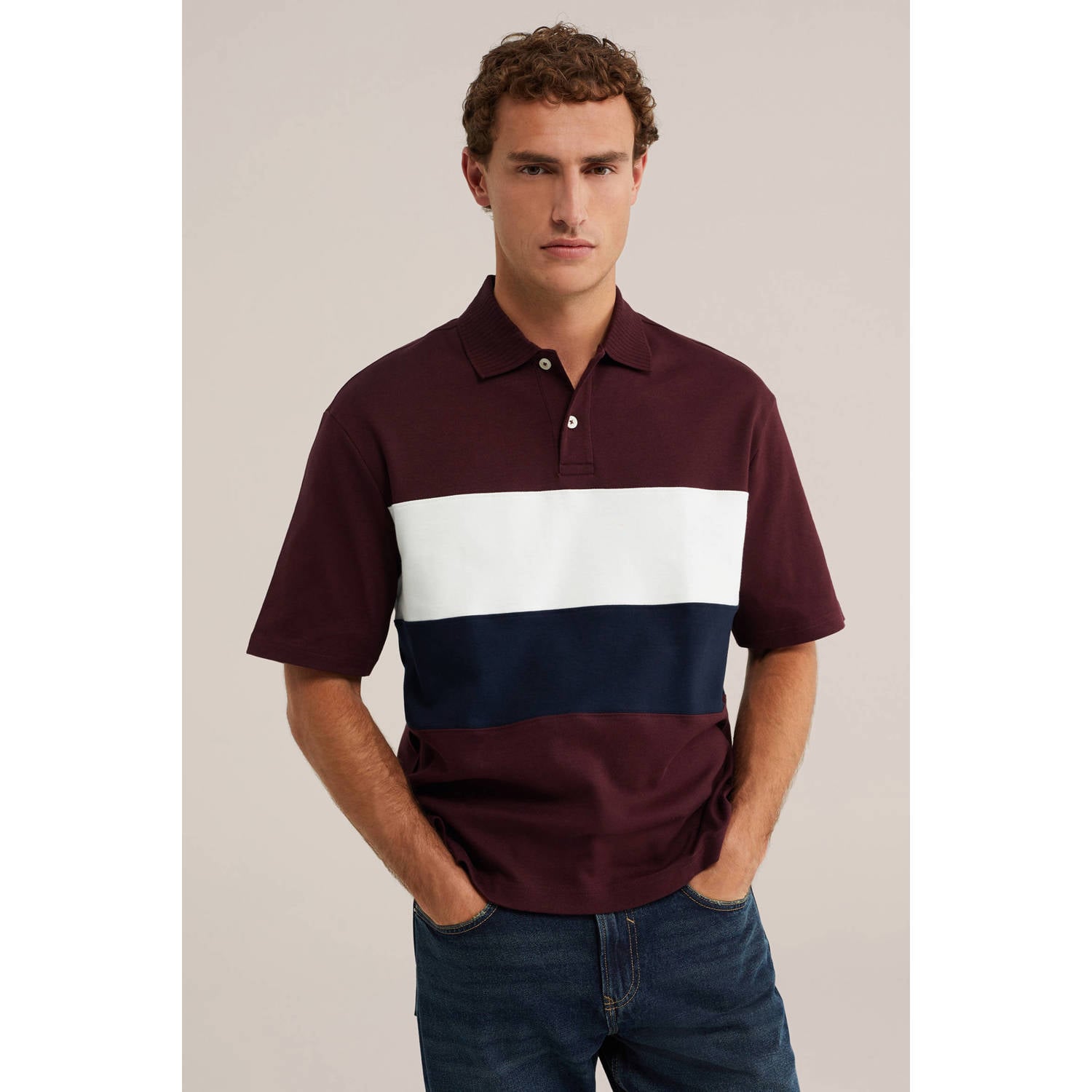 WE Fashion boxy gestreepte polo umberwine