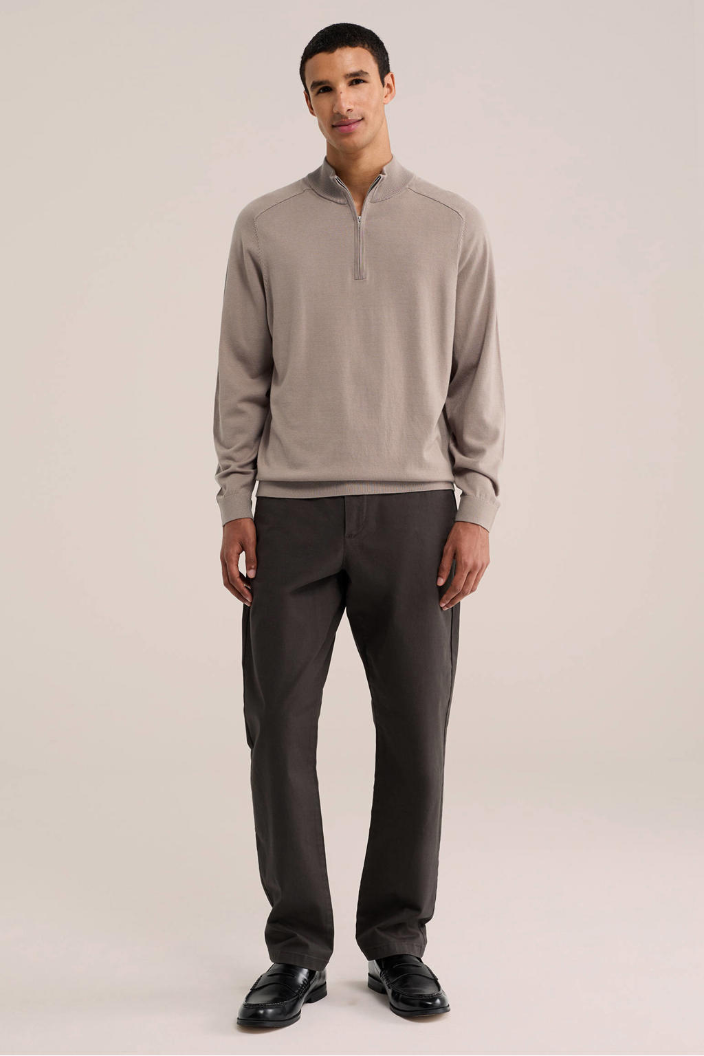 Beige heren WE Fashion regular fit gebreide trui van katoen met effen, lange mouwen en opstaande kraag