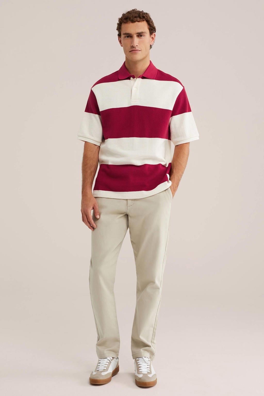 Rode heren WE Fashion relaxed fit gestreepte polo van katoen met korte mouwen